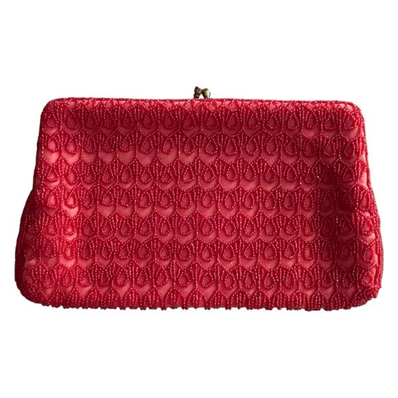 Vintage 60s Ruby Red Beaded Clutch | Rhinestone Kiss Lock Evening Bag - Picture 3 of 8